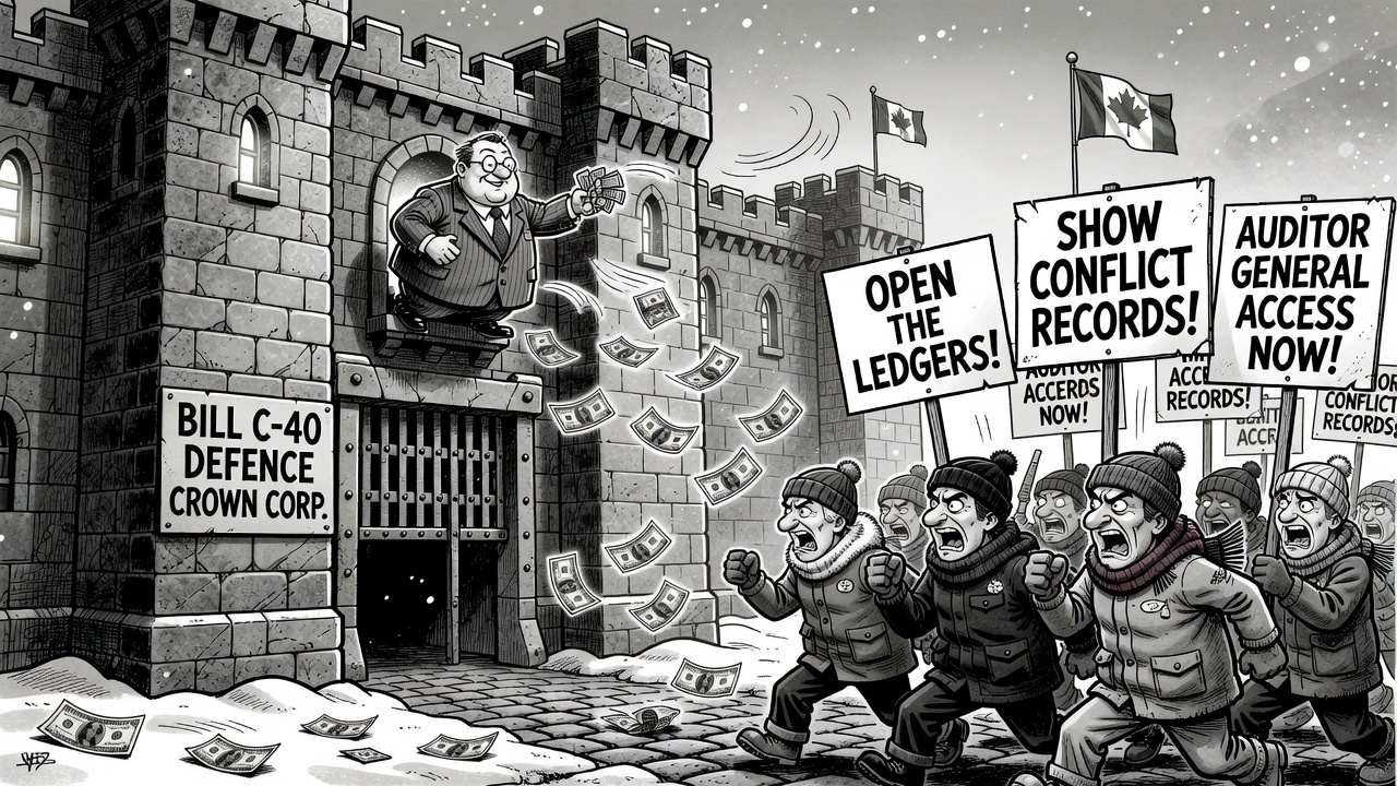 Editorial cartoon showing Bill C-40 placing defence billions behind a Crown-corporation curtain while taxpayers demand procurement ledgers and audit access.