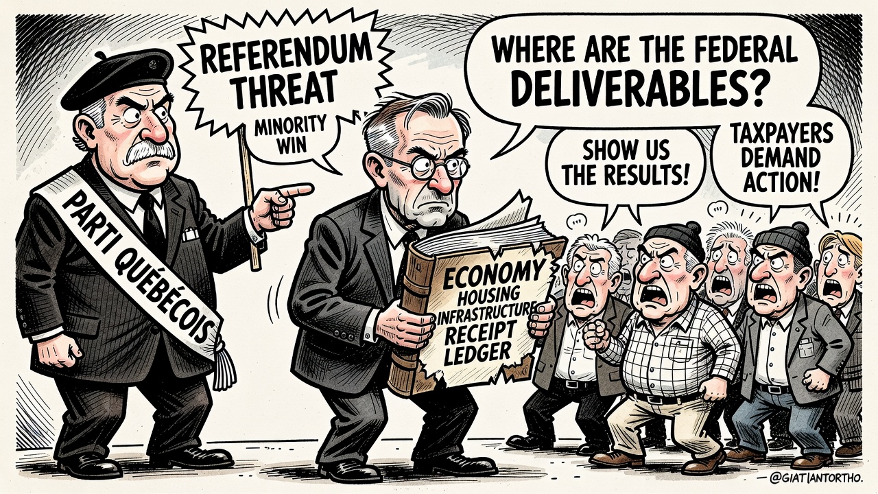Editorial cartoon showing Mark Carney facing a Parti Québécois referendum cloud while taxpayers ask for a Quebec economy, housing and infrastructure deliverables ledger.