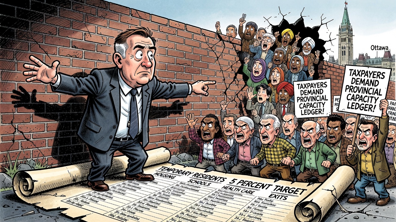 Editorial cartoon showing Alberta and taxpayers asking Ottawa for a provincial immigration capacity ledger covering temporary residents, housing, health care, schools and exits.
