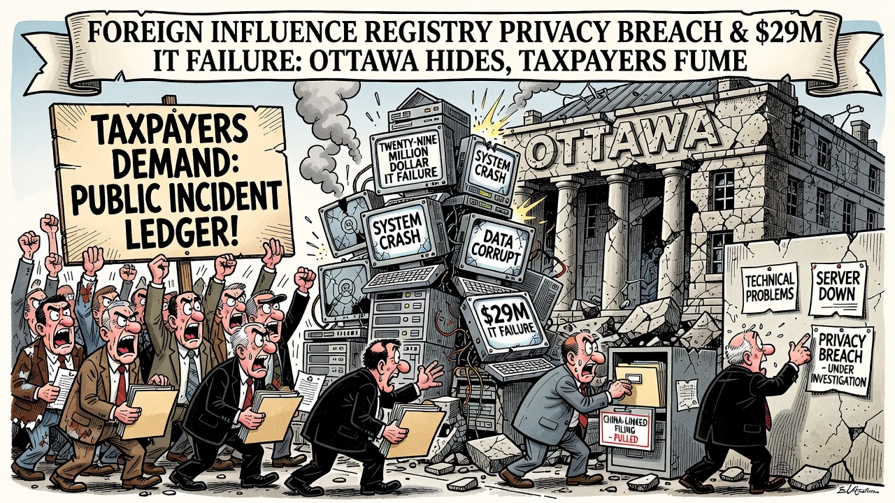 Editorial cartoon showing Ottawa hiding a pulled China-linked foreign-influence registry filing behind technical failures while taxpayers demand a privacy-breach and IT-cost ledger.