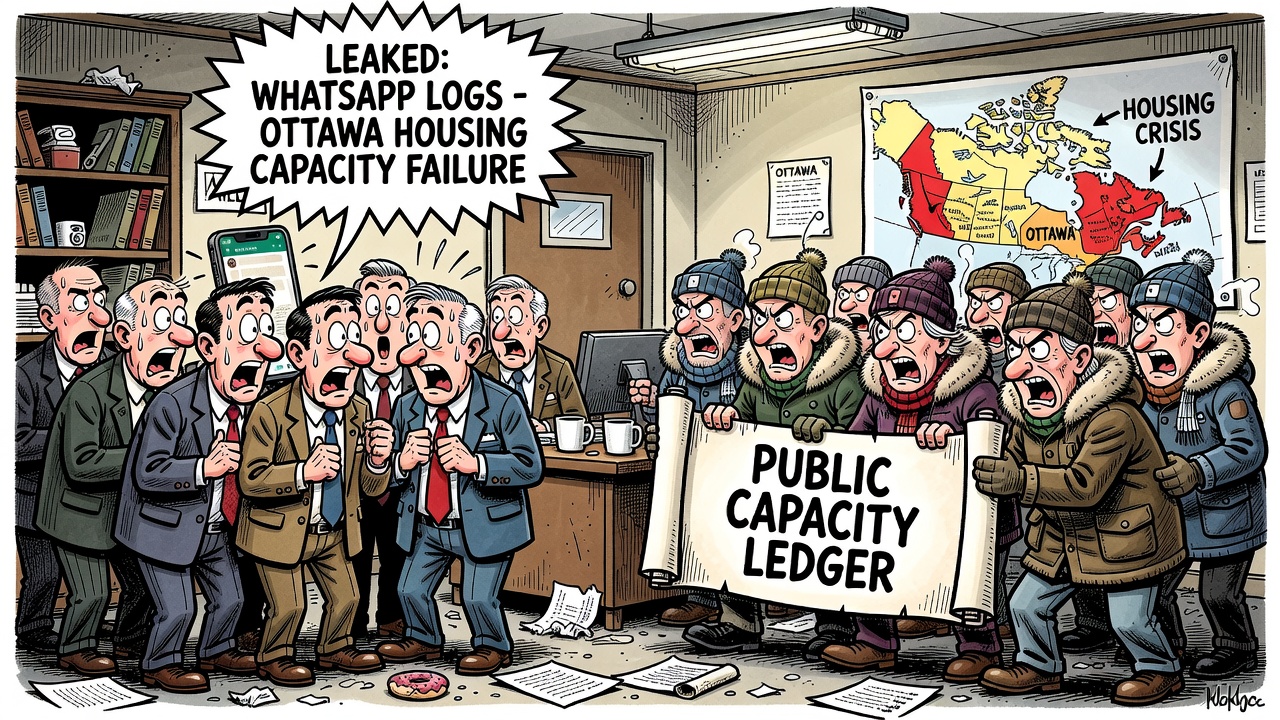 Editorial cartoon showing Ontario mayors holding WhatsApp receipts while Ottawa hides an immigration-housing capacity ledger behind a housing-crisis wall.