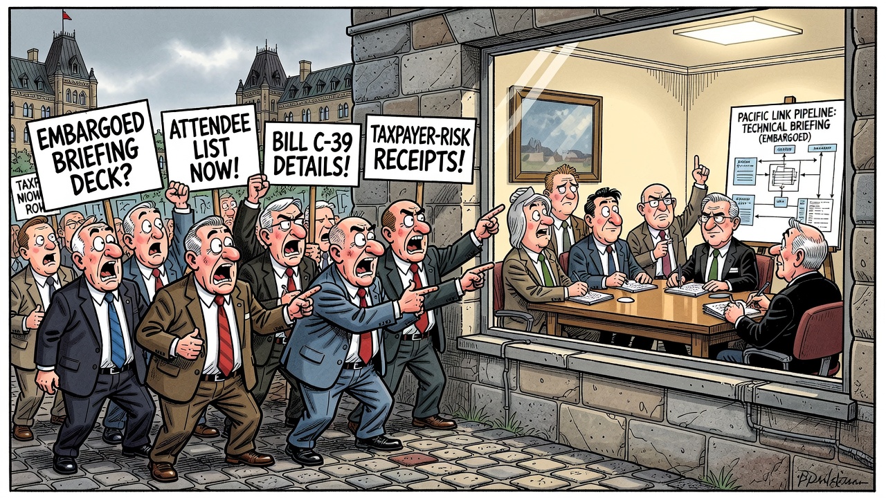 Editorial cartoon showing reporters receiving an embargoed Pacific Link briefing while MPs stand outside Parliament asking for the briefing ledger.