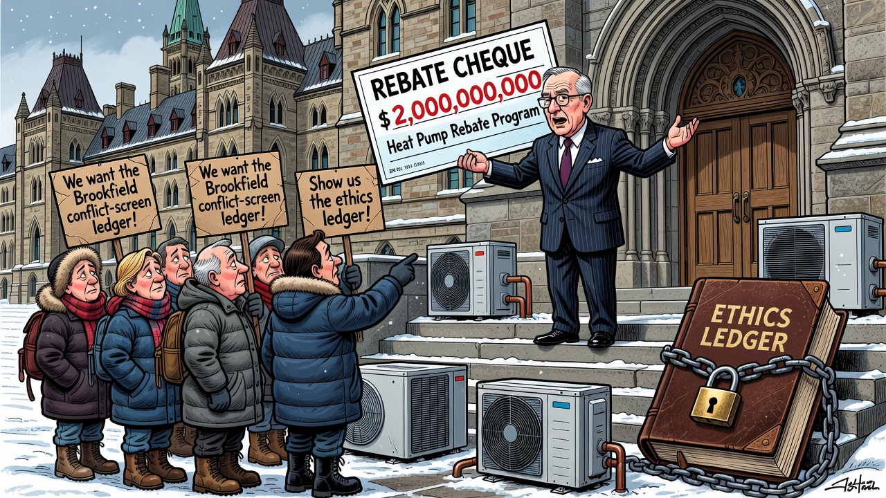 Editorial cartoon showing Mark Carney’s $2 billion heat-pump rebate beside a locked Brookfield conflict-screen ledger while taxpayers ask for receipts.