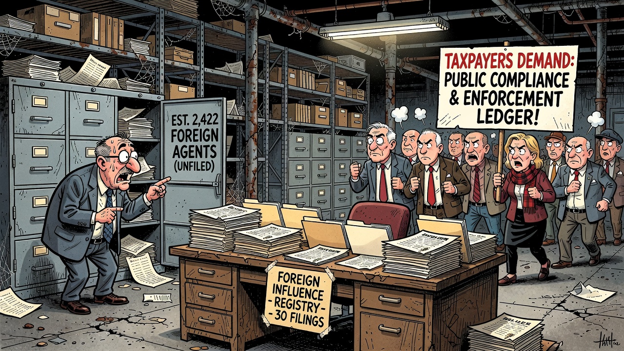Editorial cartoon showing Canada’s foreign-influence registry with only 30 filings while Ottawa estimated 2,422 possible registrants and taxpayers demand a compliance ledger.