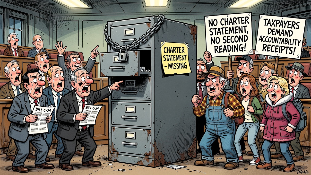 Editorial cartoon showing Bill C-34’s missing Charter statement locked away while Parliament is asked to debate an under-16 social-media ban.