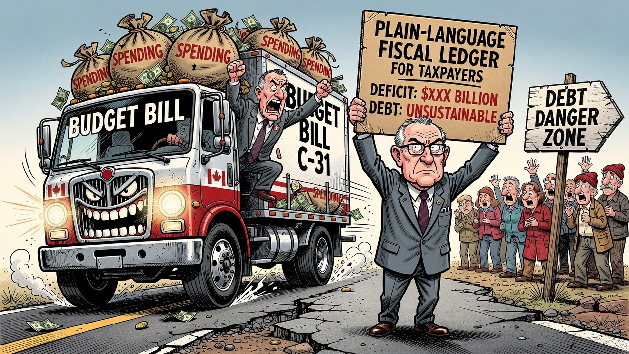 Editorial cartoon showing Ottawa driving a Budget Bill C-31 spending truck toward a debt danger zone while the Parliamentary Budget Officer holds up a fiscal ledger.