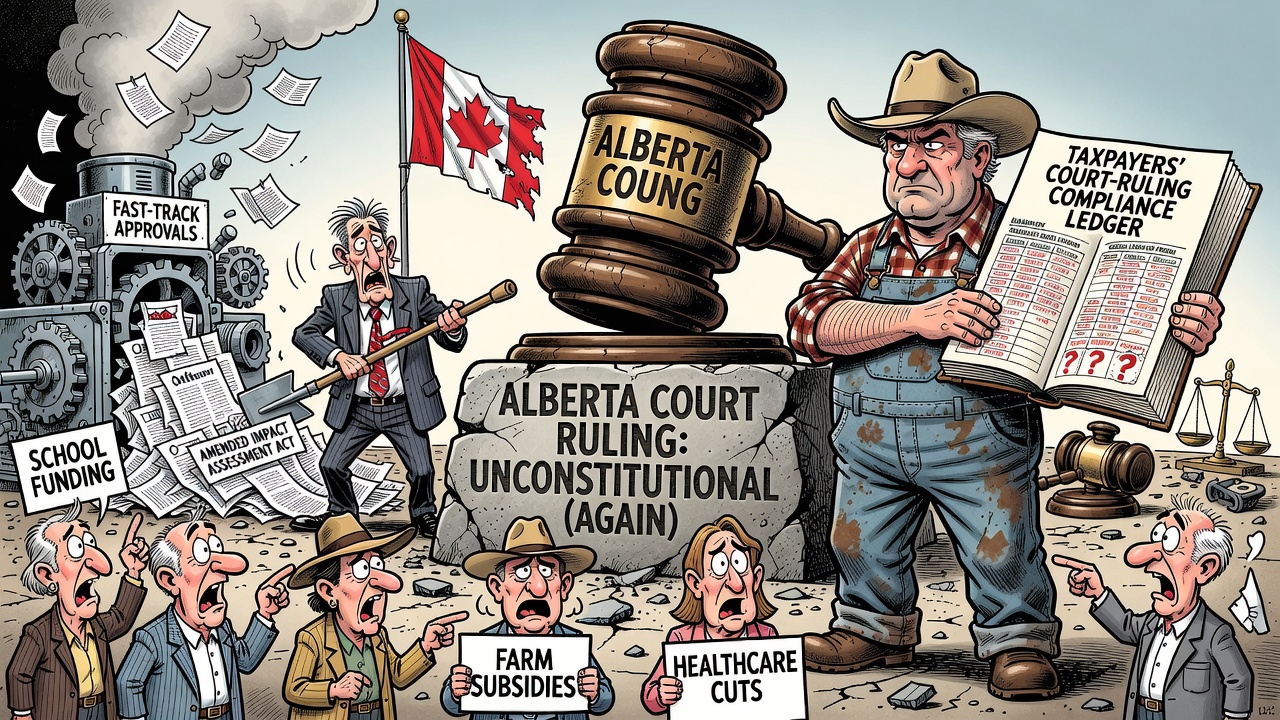 Editorial cartoon showing Ottawa’s amended Impact Assessment Act tangled in a court ruling while taxpayers demand a constitutional compliance ledger before fast-track project approvals.