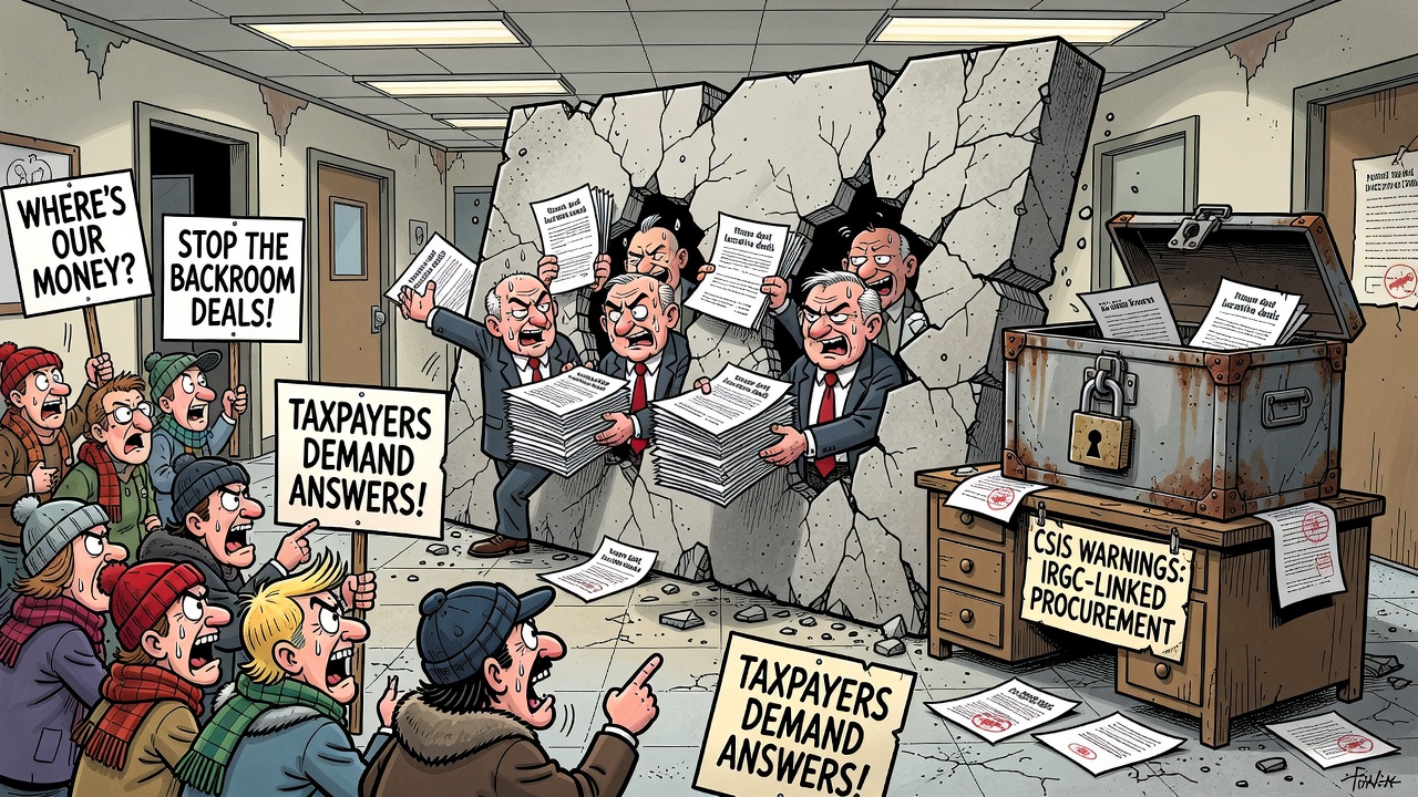 Editorial cartoon showing Ottawa procurement officials handing contracts through a broken security-screening firewall while CSIS warnings about IRGC-linked procurement sit in a locked ledger.
