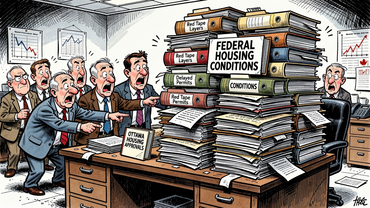 Editorial cartoon showing provincial and municipal builders facing a pile of federal housing conditions while taxpayers ask for a red-tape ledger.