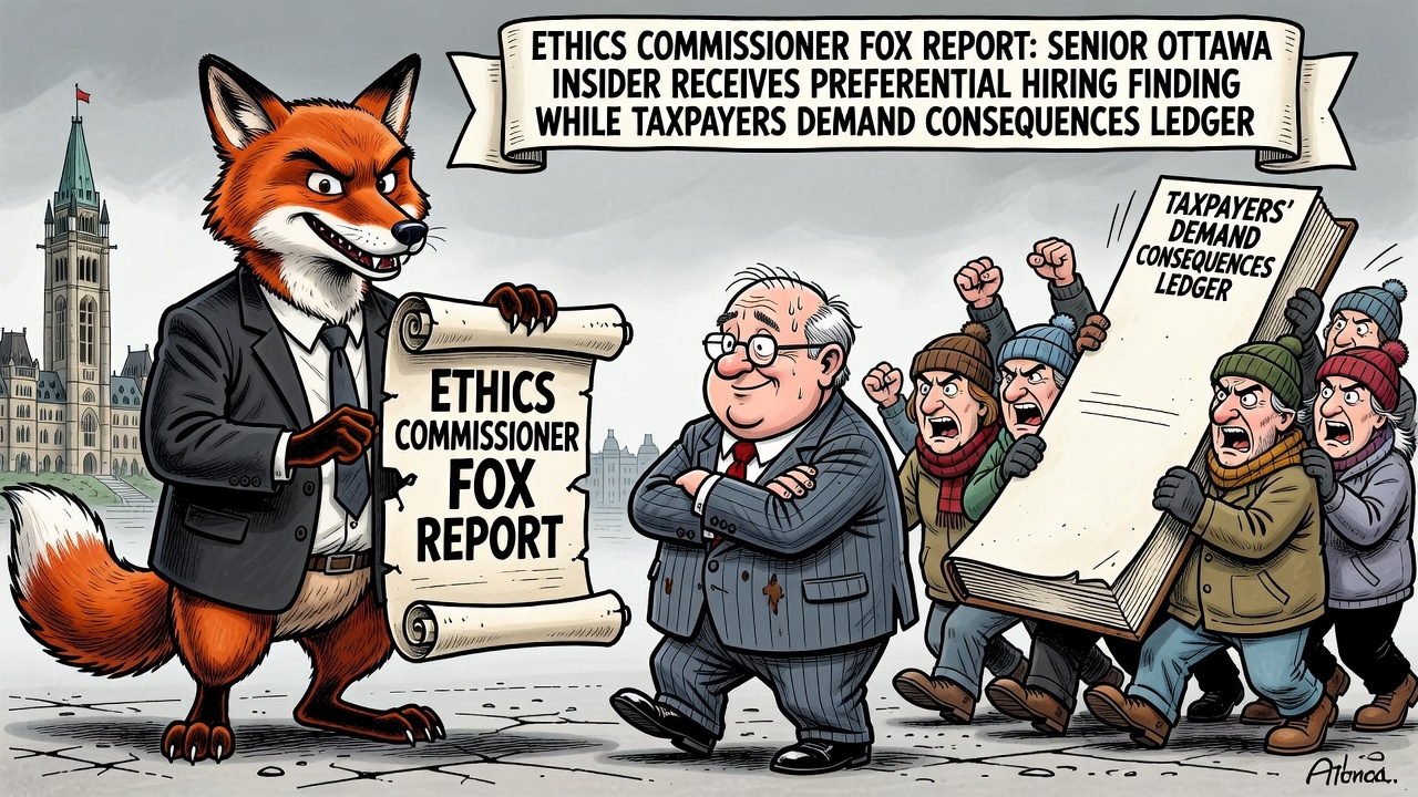 Editorial cartoon showing an Ottawa ethics report and a locked consequences ledger while taxpayers ask what happened after a preferential-treatment finding.