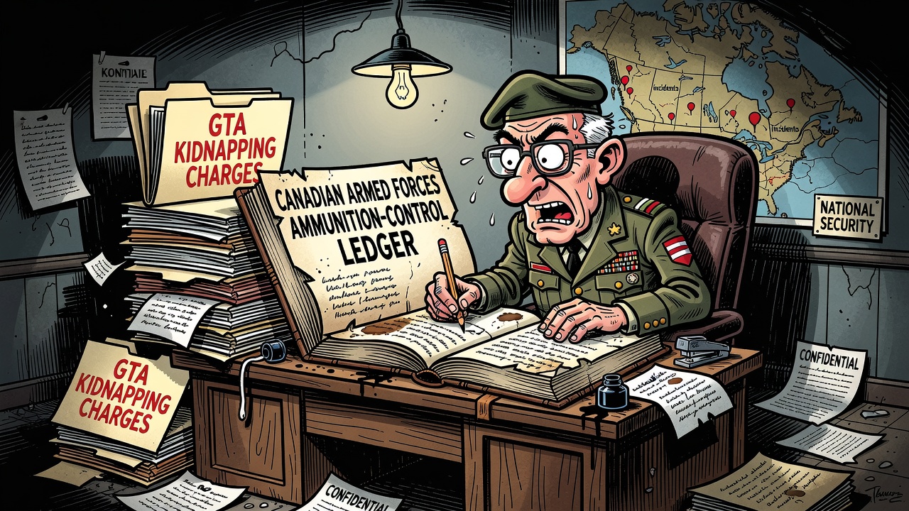 Editorial cartoon showing a locked Canadian Forces ammunition cabinet with missing inventory lines while taxpayers demand an ammunition control ledger.