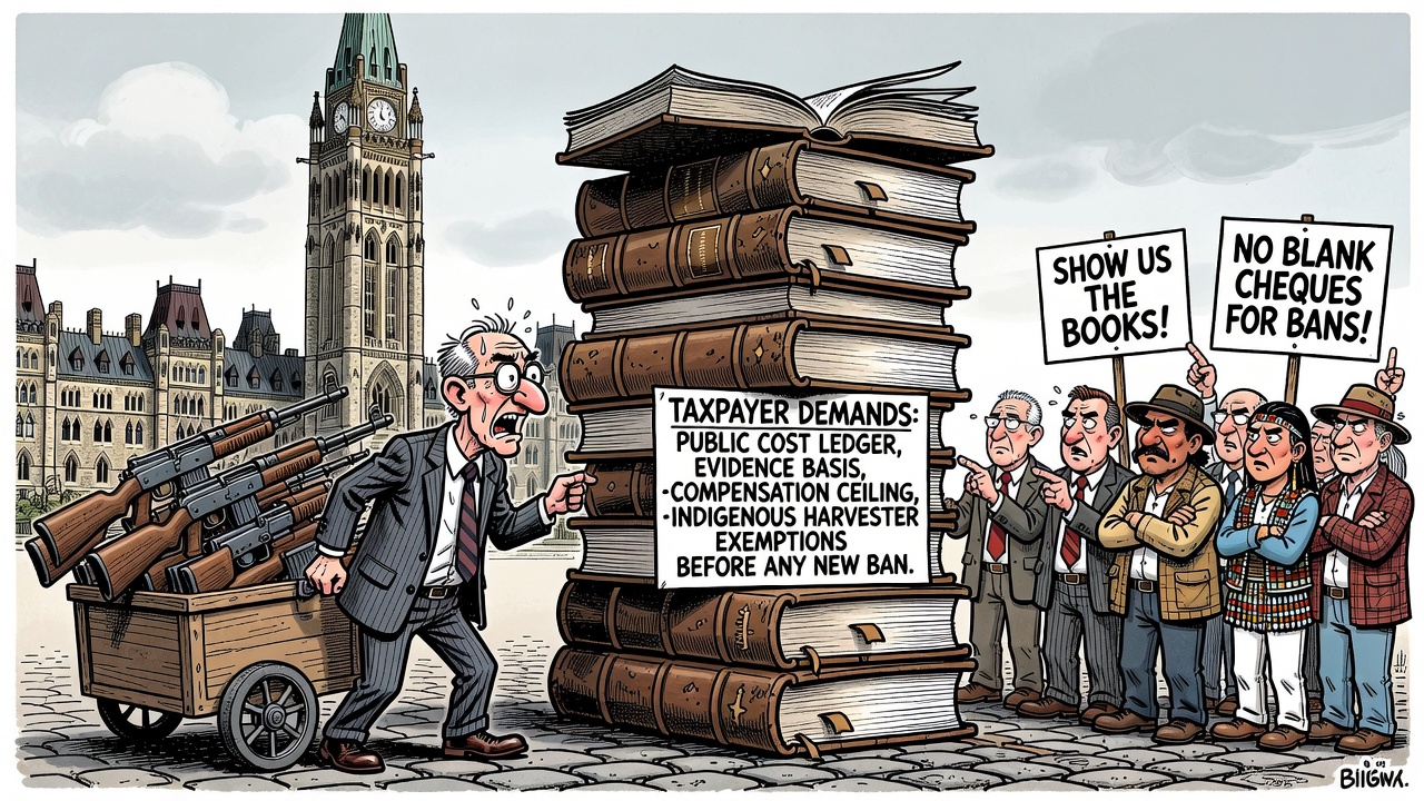 Editorial cartoon showing taxpayers demanding a gun-buyback cost ledger before Ottawa expands a firearms ban to SKS rifles.