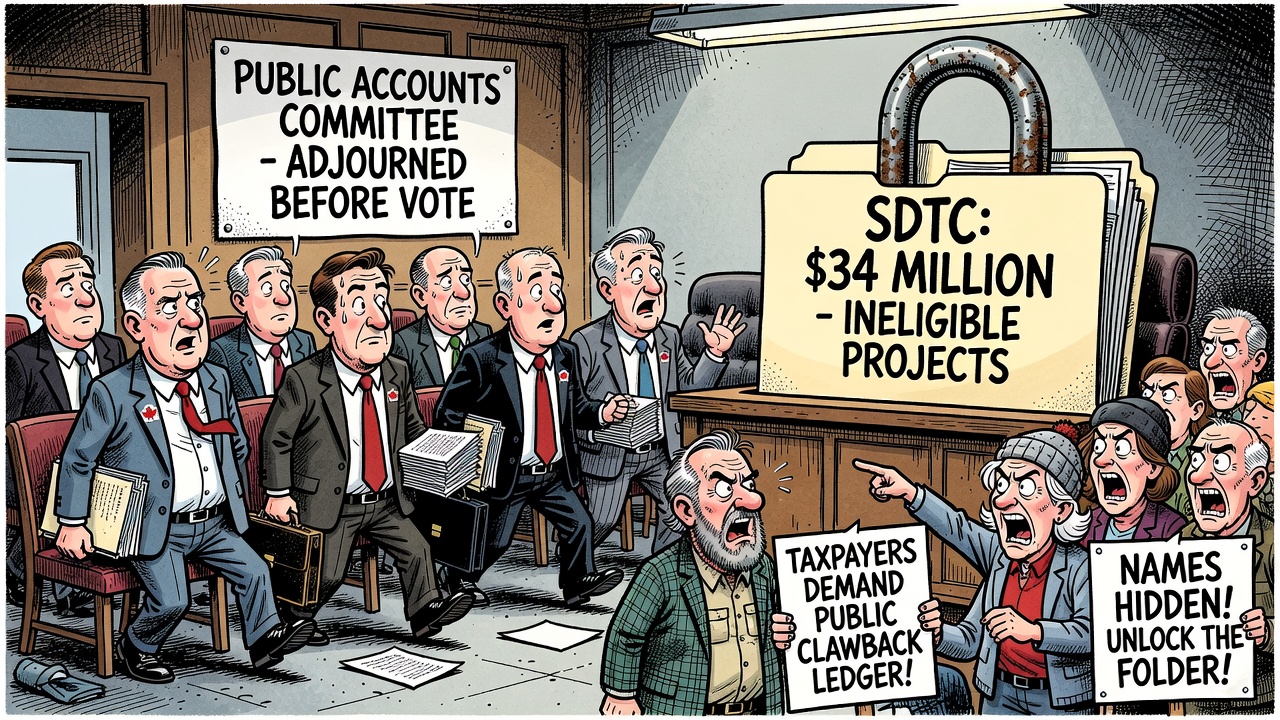 Editorial cartoon showing taxpayers demanding a public clawback ledger after a committee adjournment halted debate over recovering $34 million from ineligible SDTC projects.