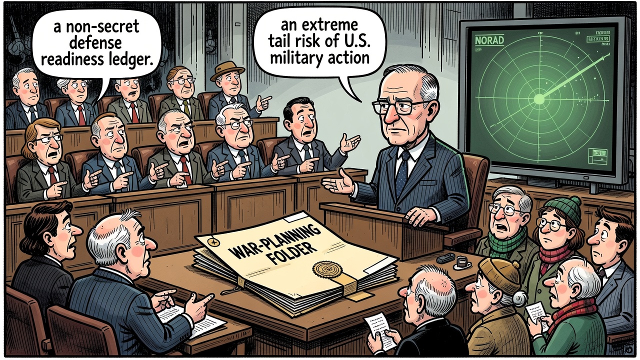 Editorial cartoon showing Prime Minister Mark Carney holding a sealed extreme tail risk folder while MPs and taxpayers ask for a public defence readiness ledger.