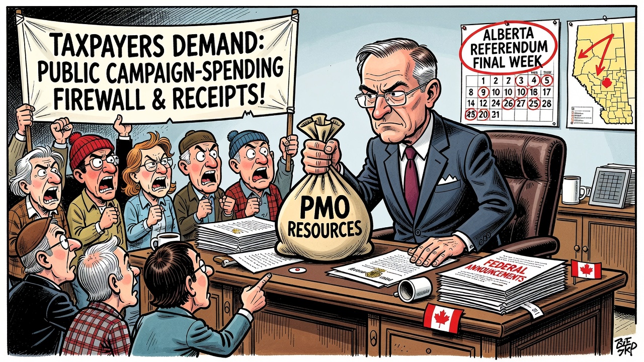 Editorial cartoon showing Prime Minister Mark Carney using PMO resources and federal announcements during Alberta referendum final week while taxpayers demand a public campaign-spending firewall.