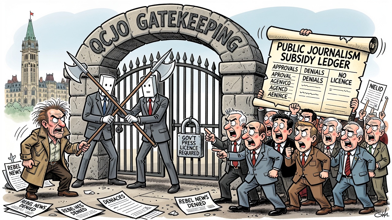 Editorial cartoon showing Ottawa journalism tax-credit gatekeeping, a denied QCJO stamp and taxpayers demanding a public subsidy ledger rather than a government press licence.