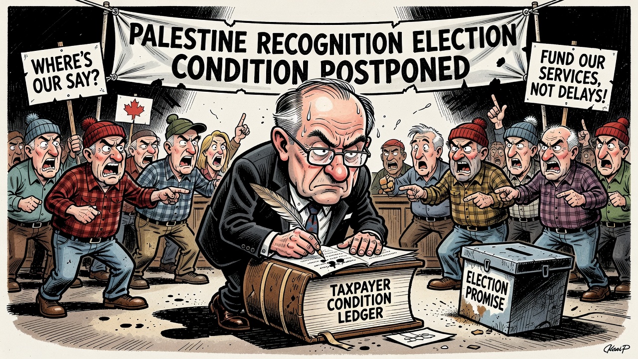 Editorial cartoon showing Canada’s Palestine recognition conditions falling off a calendar while taxpayers demand a public condition-failure ledger from Prime Minister Mark Carney.