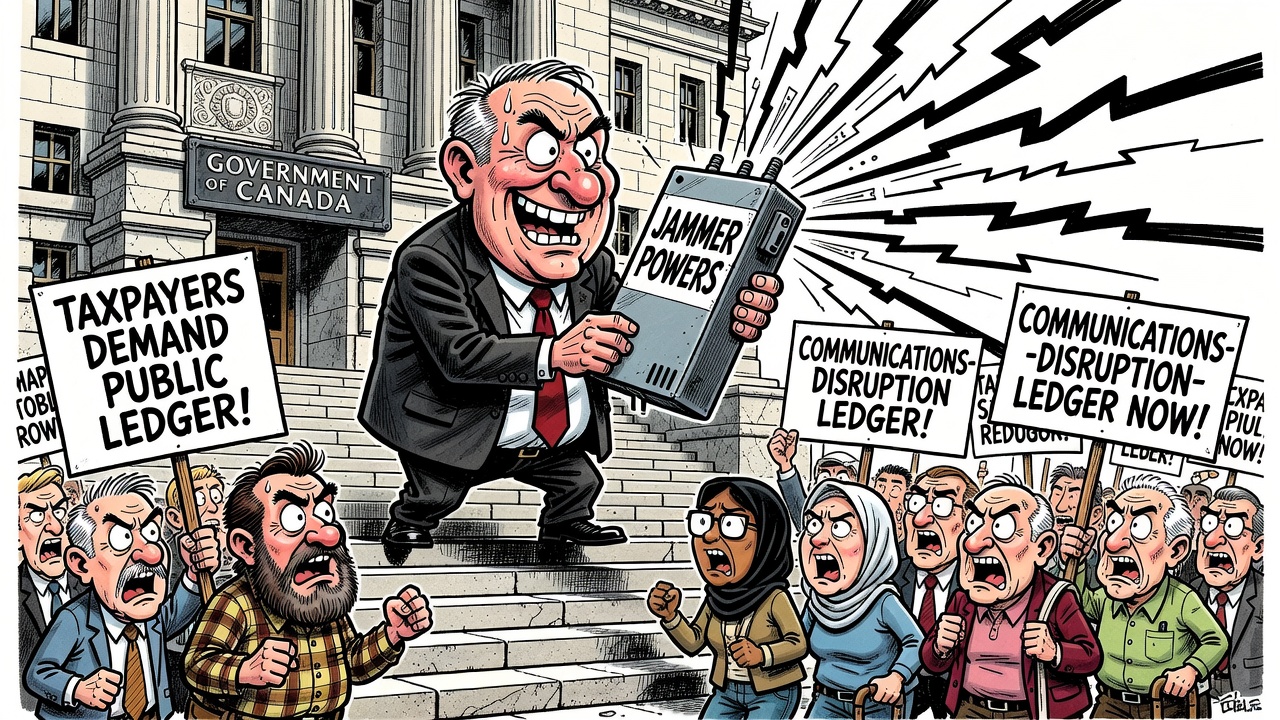 Editorial cartoon showing Ottawa handing police cellphone and radio jammer powers while taxpayers demand a public communications-disruption ledger.