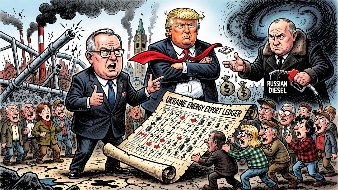 Editorial cartoon showing Prime Minister Mark Carney balancing Trump diesel diplomacy, Russian fuel revenue and a locked Ukraine-energy ledger while taxpayers demand receipts.
