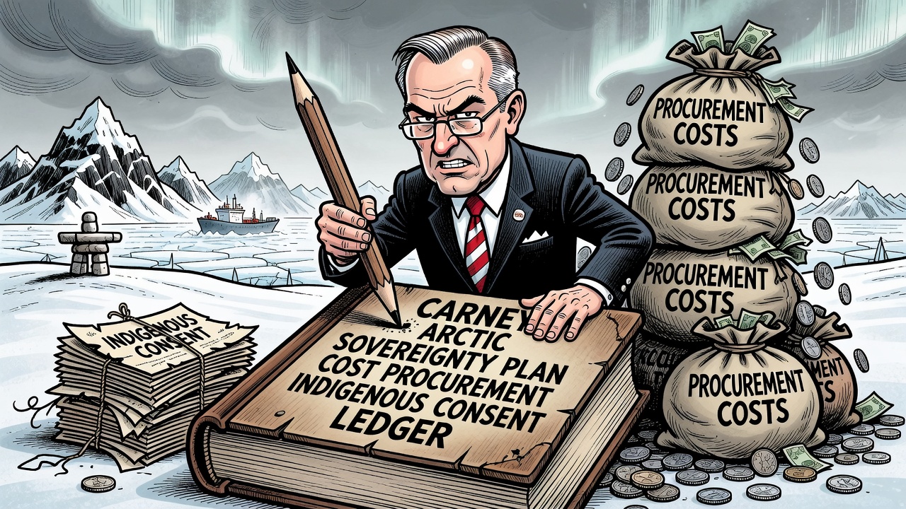 Editorial cartoon showing Prime Minister Mark Carney unveiling a forty-billion-dollar Arctic plan while taxpayers and northern communities demand cost, procurement and consent receipts.
