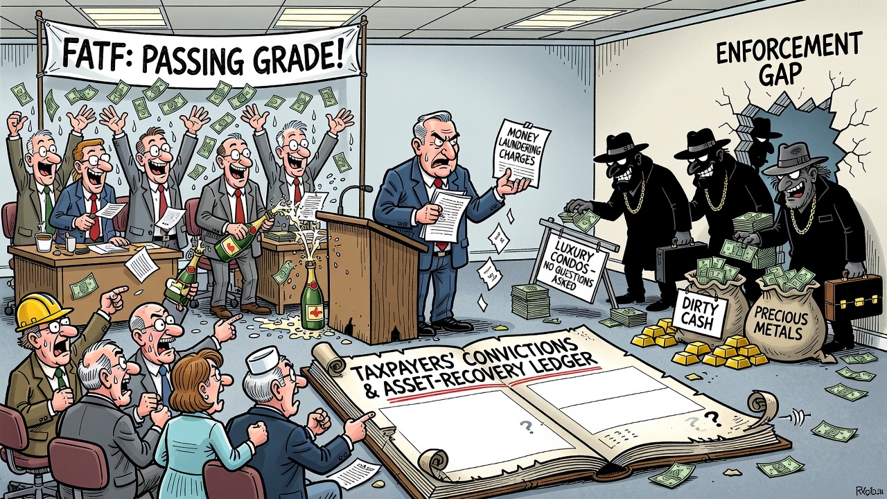 Editorial cartoon showing Ottawa celebrating a FATF anti-money-laundering grade while dirty money escapes through real estate and precious metals and taxpayers demand a convictions ledger.