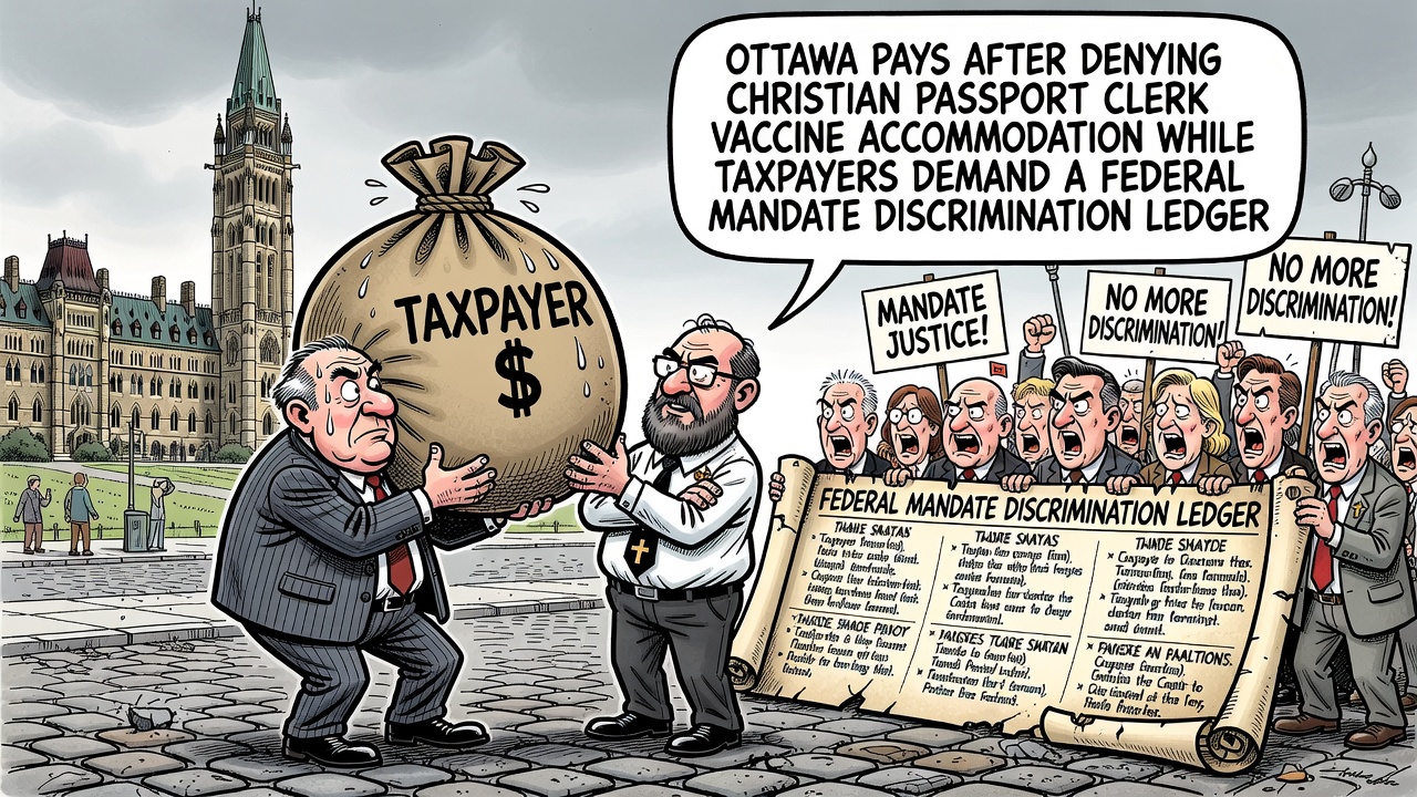Editorial cartoon showing Ottawa paying after denying a Christian passport clerk vaccine accommodation while taxpayers demand a federal mandate discrimination ledger.