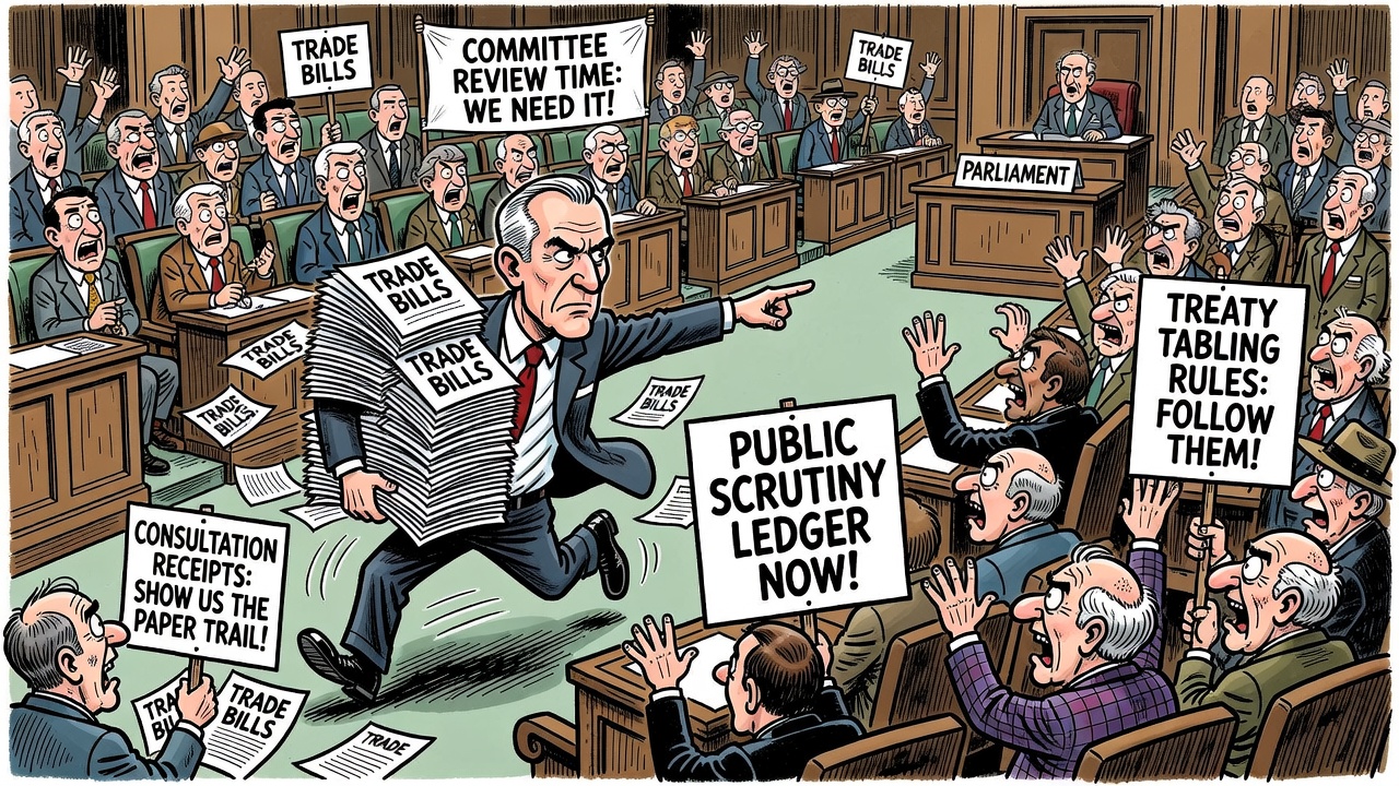 Editorial cartoon showing Prime Minister Mark Carney fast-tracking trade bills through Parliament while MPs and taxpayers demand treaty scrutiny receipts and committee review time.