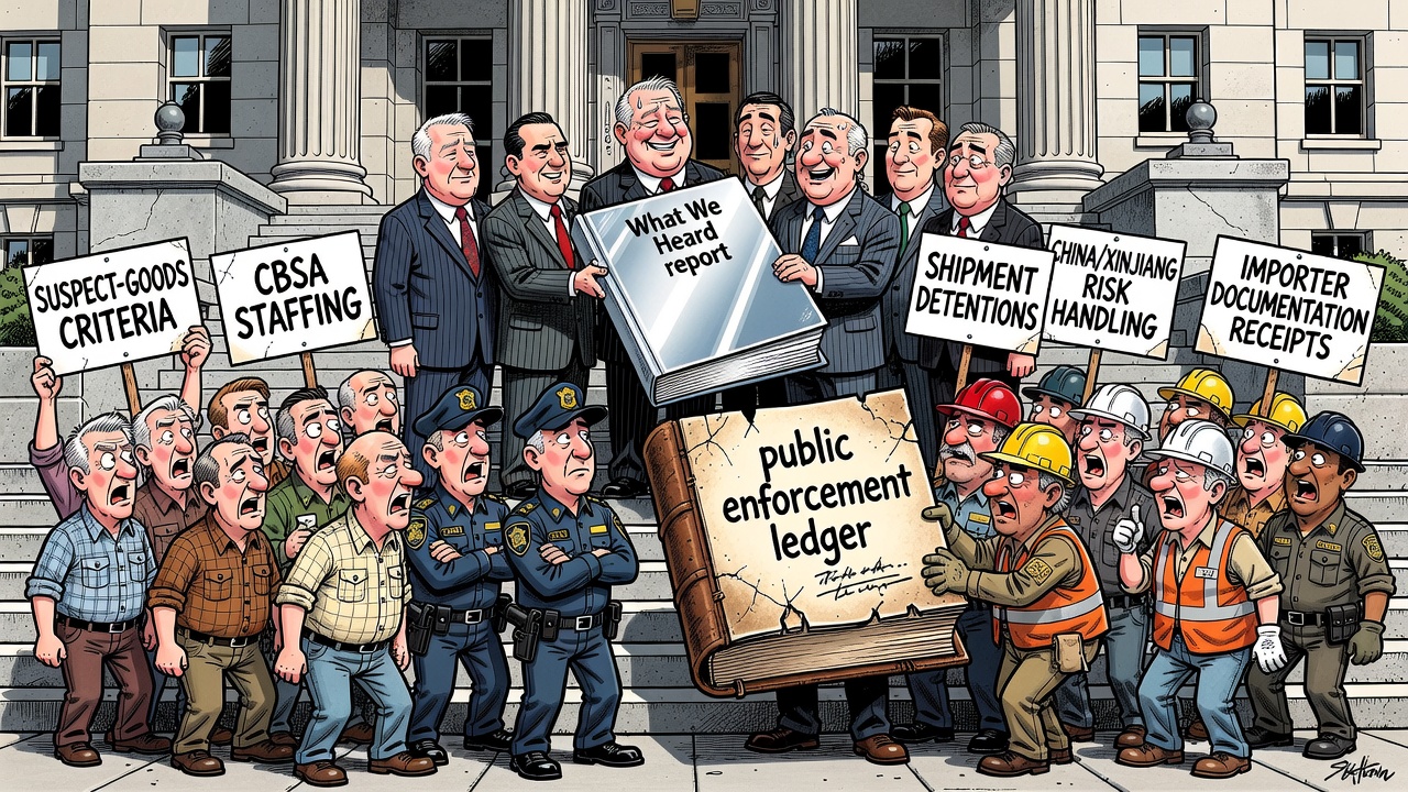 Editorial cartoon showing Ottawa displaying a forced-labour consultation report while taxpayers, border officers and workers demand a public Bill C-35 enforcement ledger with CBSA and importer receipts.