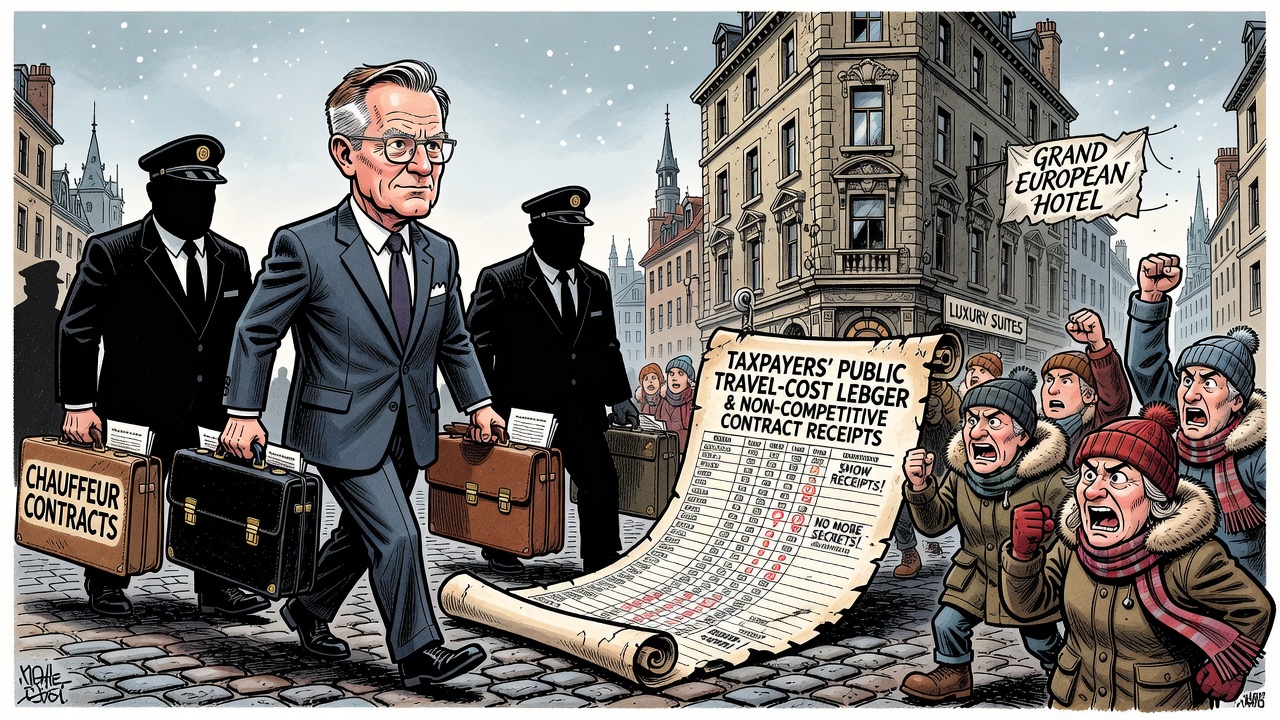 Editorial cartoon showing Prime Minister Mark Carney's Europe trip hotel and chauffeur bills while taxpayers demand a public travel-cost ledger.