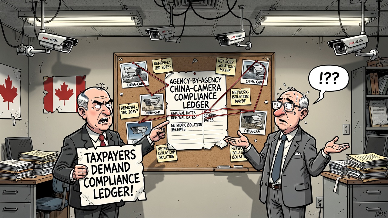 Editorial cartoon showing banned Hikvision surveillance cameras still mounted in federal offices while taxpayers demand an agency-by-agency China-camera compliance ledger with removal dates and network-isolation receipts.