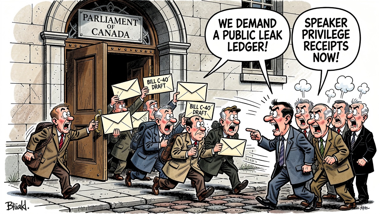 Editorial cartoon showing Bill C-40 defence procurement files handed to reporters before MPs while Parliament demands a public leak ledger and privilege receipts.