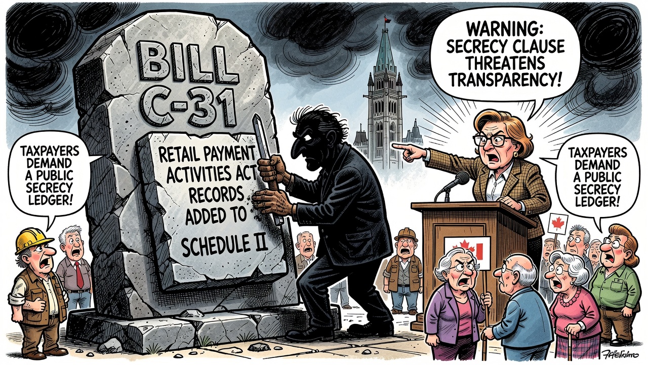 Editorial cartoon showing Bill C-31 adding another locked drawer to Access to Information secrecy while taxpayers demand a public Schedule II ledger.
