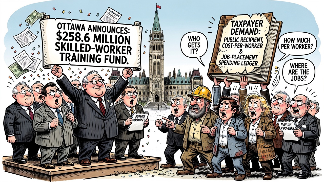 Editorial cartoon showing Ottawa announcing a skilled-worker training fund while taxpayers demand recipient, cost-per-worker and job-placement receipts.