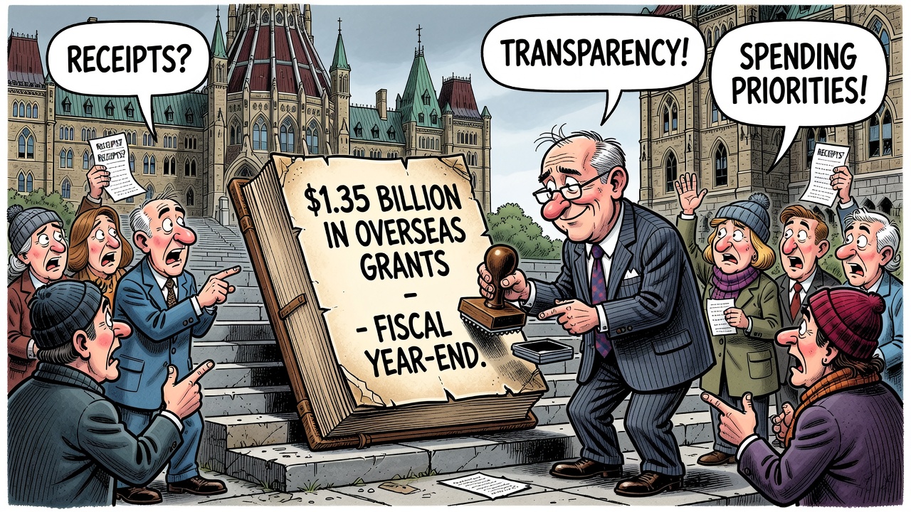 Editorial cartoon showing Ottawa marking a fiscal-year-end foreign-aid ledger while Canadian taxpayers demand receipts for $1.35 billion in overseas grants.