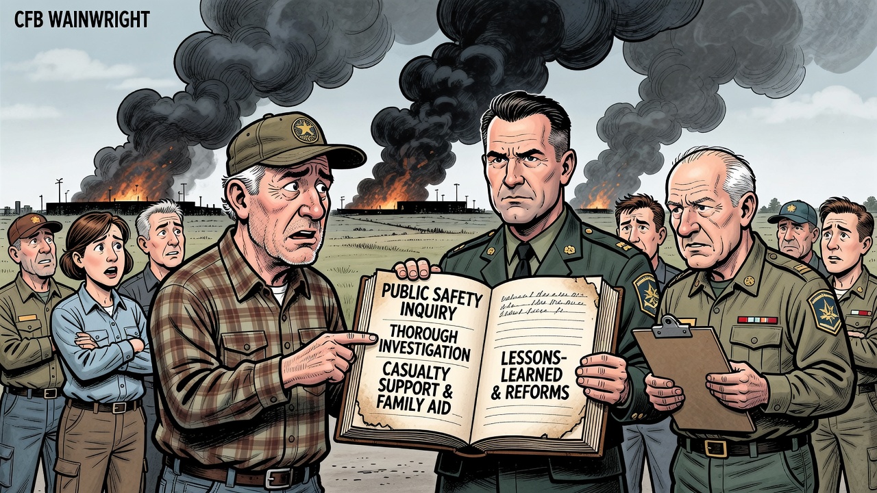Editorial cartoon showing CFB Wainwright emergency crews and Canadian families asking Ottawa for a public safety, investigation and support ledger after a serious base fire.