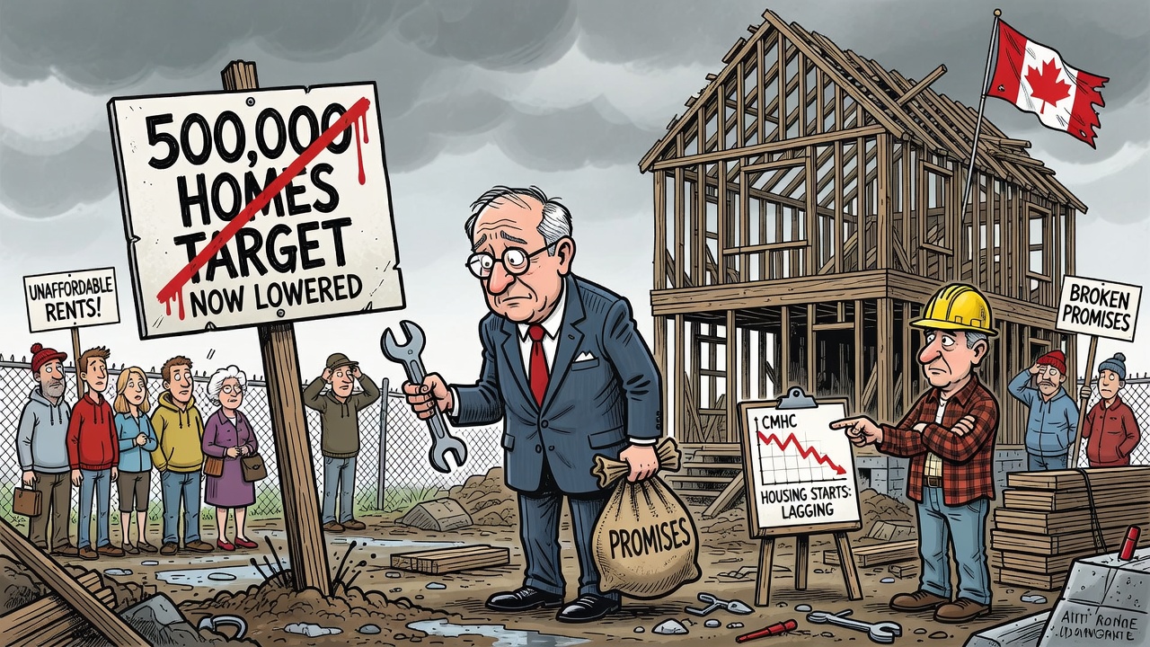 Editorial cartoon showing the Carney Liberals lowering a 500,000 homes target sign while Canadians wait beside a stalled housing-starts crane.