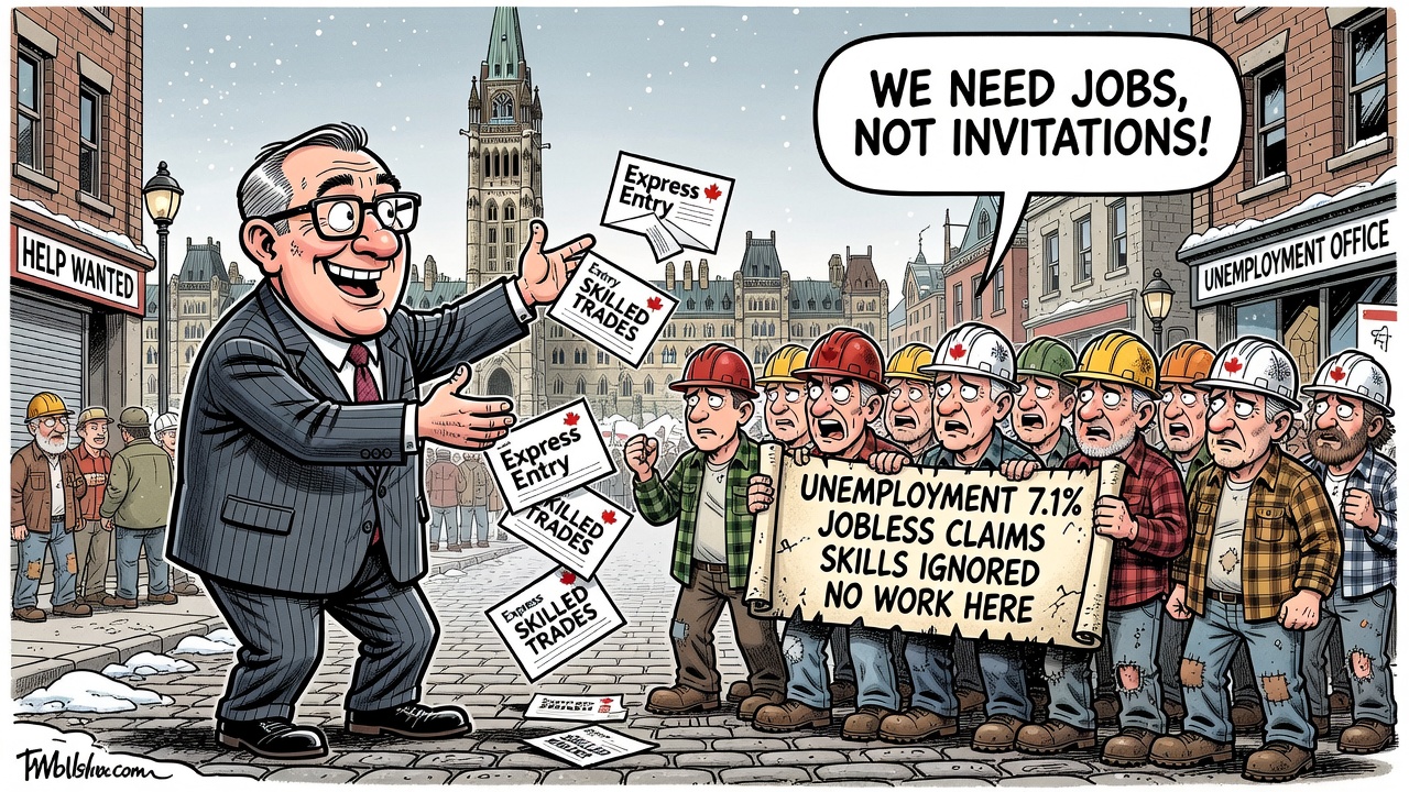 Editorial cartoon showing Ottawa issuing Express Entry skilled-trades invitations while Canadian workers ask for a public labour-market ledger.