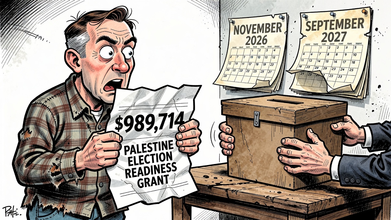 Editorial cartoon showing a Canadian taxpayer holding a receipt for a Palestine election-readiness grant while an election calendar is pushed forward.