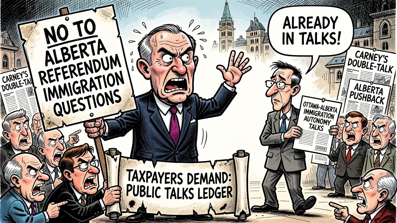 Editorial cartoon showing Carney campaigning No to Alberta immigration referendum questions while Ottawa holds immigration-autonomy talks behind a curtain and taxpayers demand a public ledger.