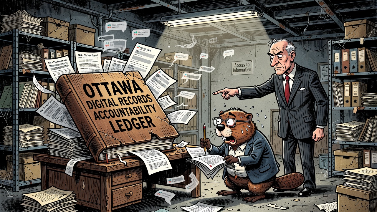 Editorial cartoon showing Ottawa digital workspaces, disappearing ArriveCAN Slack records and taxpayers demanding a public access-to-information ledger.