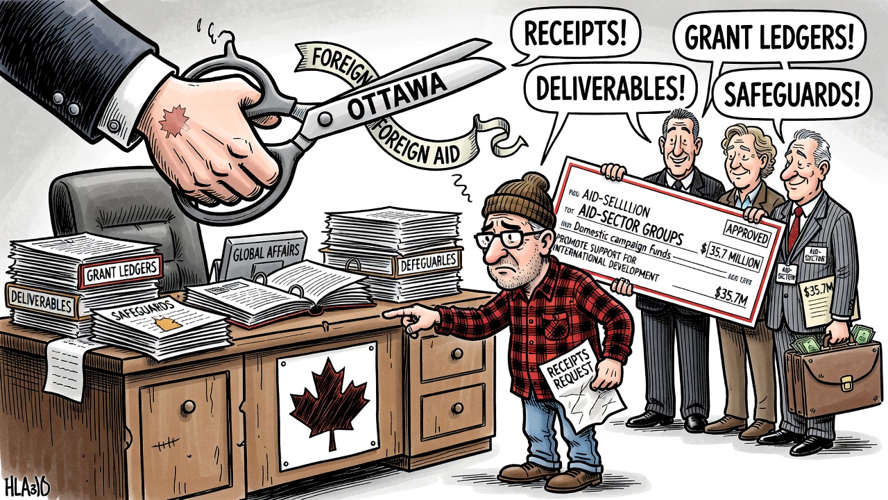 Editorial cartoon showing Global Affairs cutting foreign aid while funding an aid-promotion campaign as taxpayers ask for a public receipts ledger.