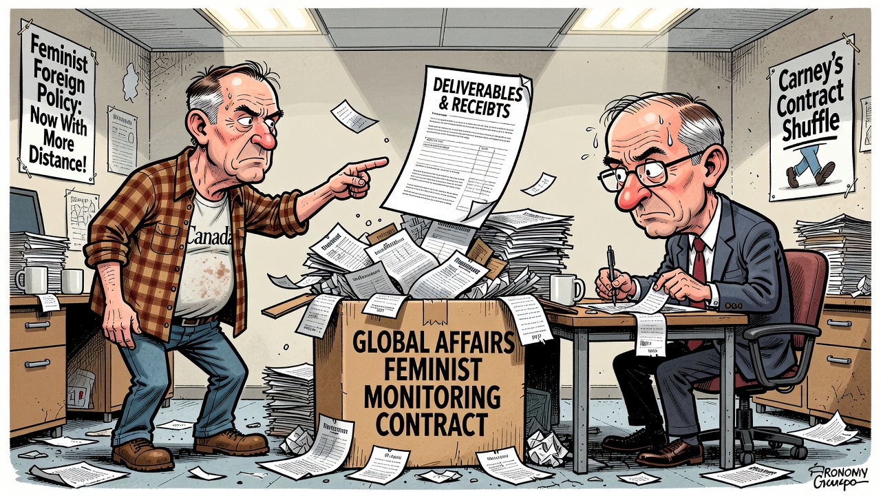 Editorial cartoon showing Global Affairs keeping a feminist monitoring contract while taxpayers ask for deliverables and receipts after Carney distanced himself from the feminist foreign-policy label.