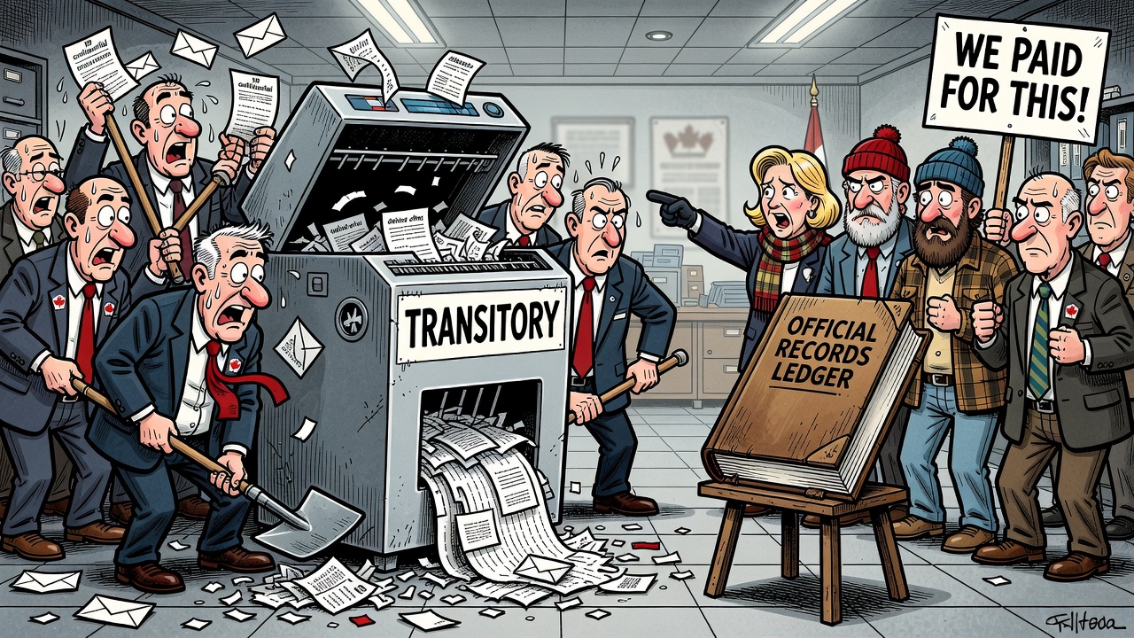 Editorial cartoon showing Ottawa officials shredding emails and texts as transitory records while taxpayers demand an official-records access-to-information ledger.