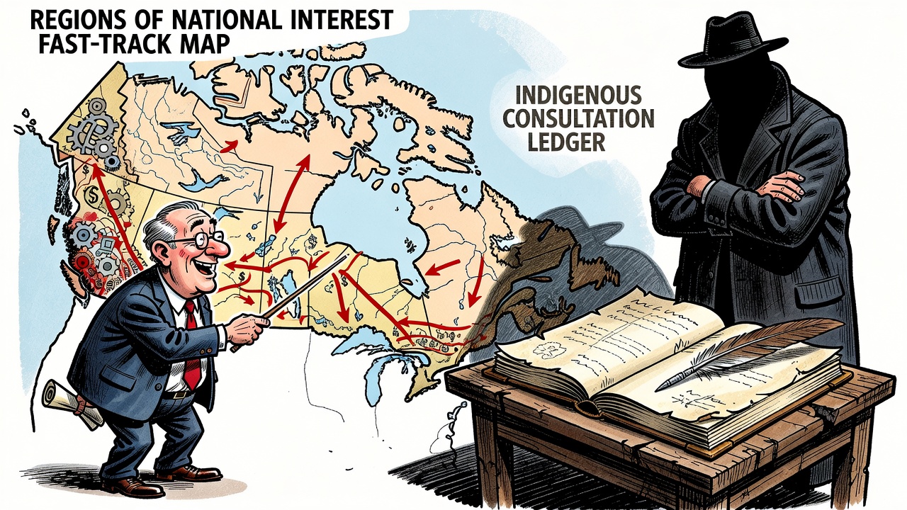Editorial cartoon showing Bill C-39 regions of national interest on a fast-track map while Indigenous leaders and taxpayers demand a public consultation ledger before ministerial approvals.