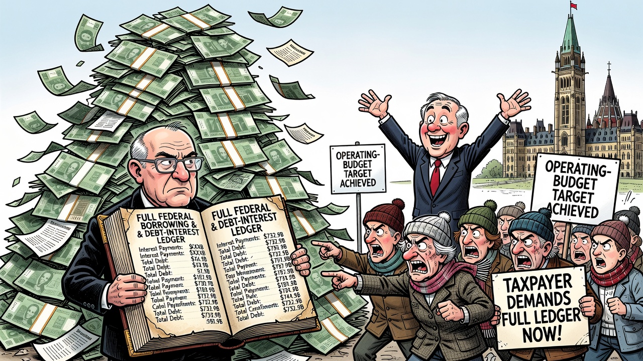 Editorial cartoon showing a taxpayer demanding a full federal borrowing ledger after the Parliamentary Budget Officer warns borrowing is rising far faster than deficits.