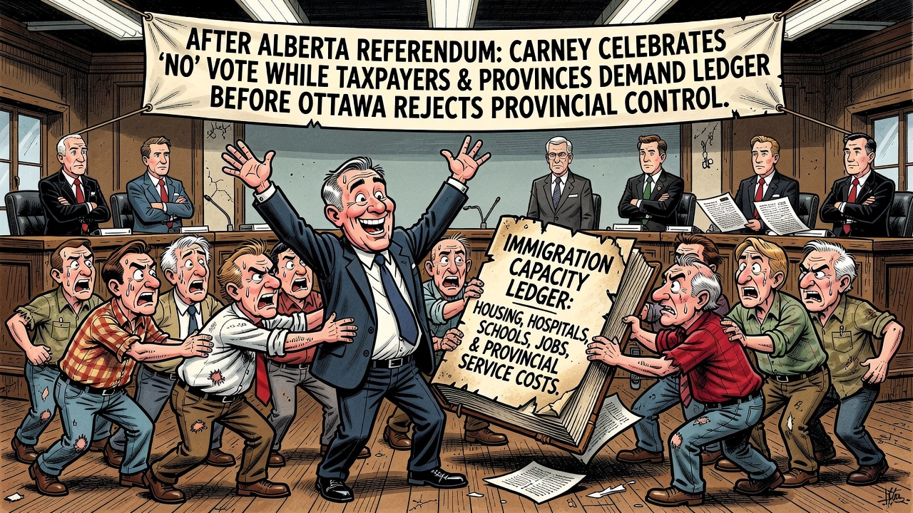 Editorial cartoon showing Prime Minister Carney celebrating Alberta’s No vote while taxpayers and provinces demand an immigration capacity ledger for housing, hospitals, schools and jobs.