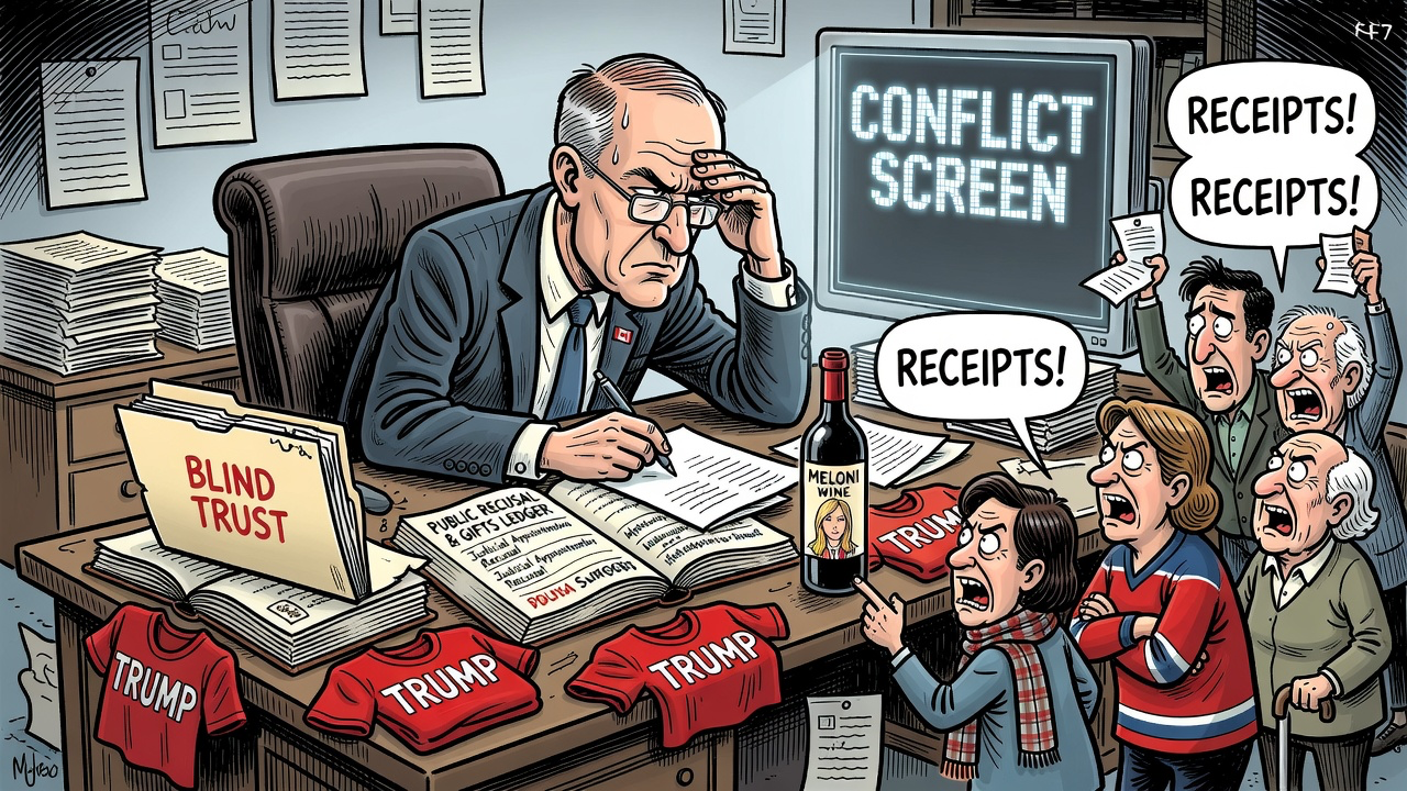 Editorial cartoon showing Prime Minister Mark Carney’s ethics registry update with a blind trust folder, conflict screen, gifts and taxpayers demanding a recusal-and-gifts ledger.