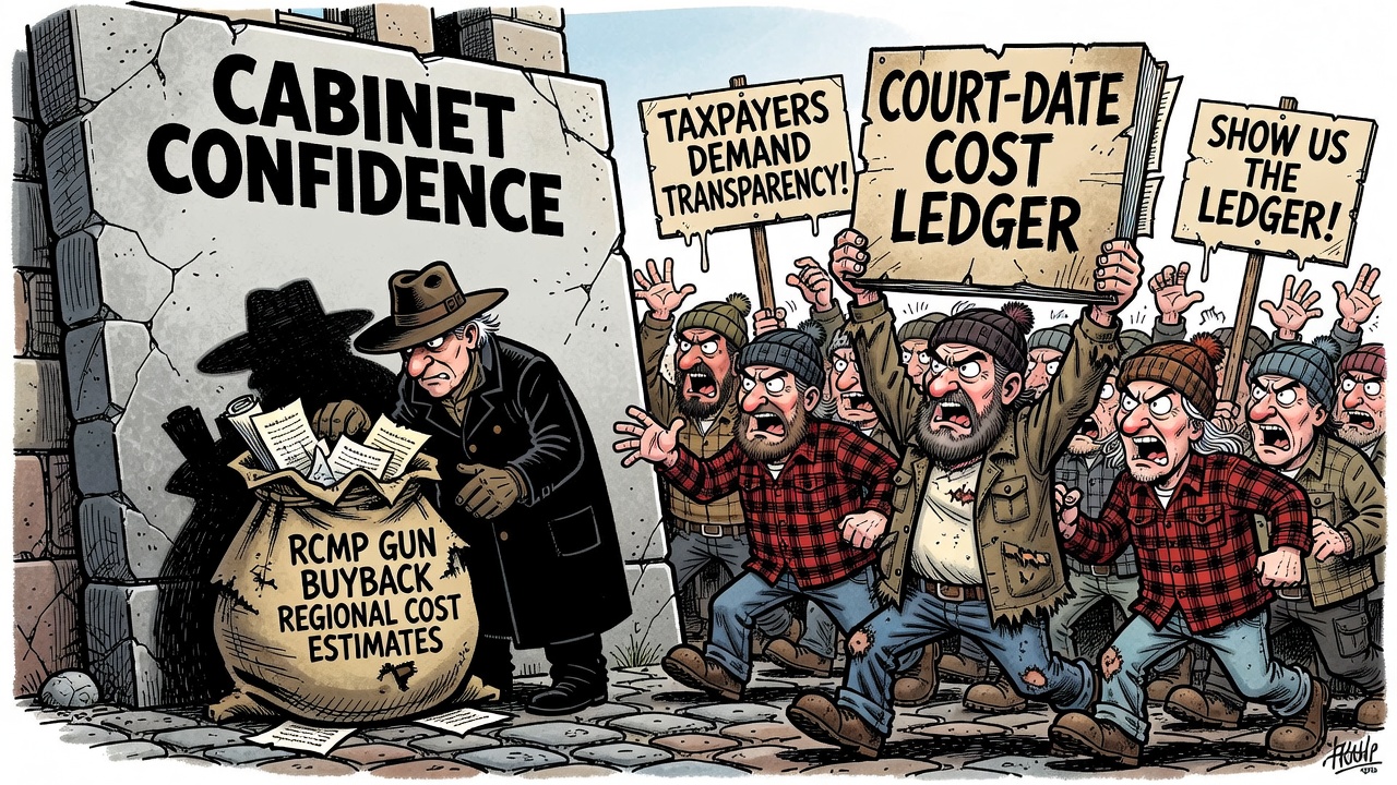 Editorial cartoon showing Ottawa hiding RCMP gun-buyback regional cost estimates behind a cabinet-confidence curtain while taxpayers demand a court-date cost ledger.