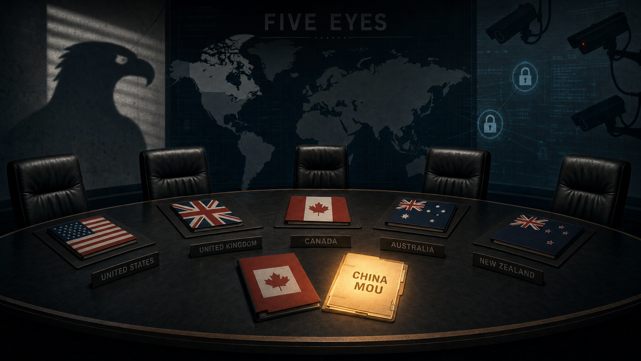 Editorial illustration of a Five Eyes intelligence table with a Canada folder beside a China MOU file