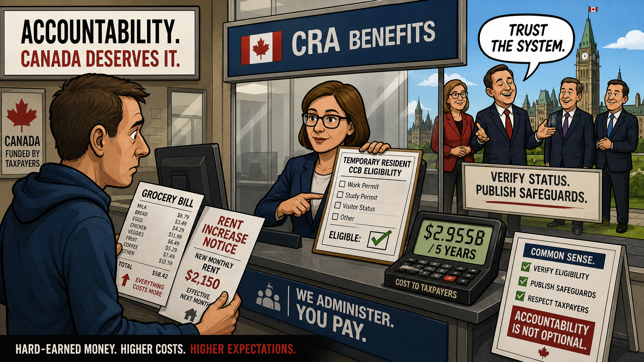 Editorial cartoon about temporary resident Canada Child Benefit eligibility, taxpayer bills and CRA verification